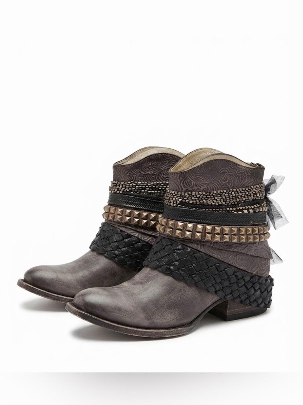 freebird Gray Braided & Studded Ankle Boots